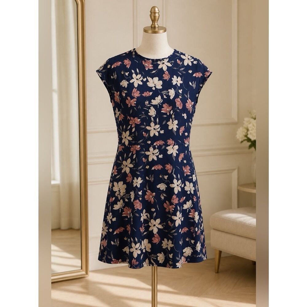 NAVY FLORAL CAP SLEEVE BACK ZIPPER DRESS SHEIN SIZE SMALL